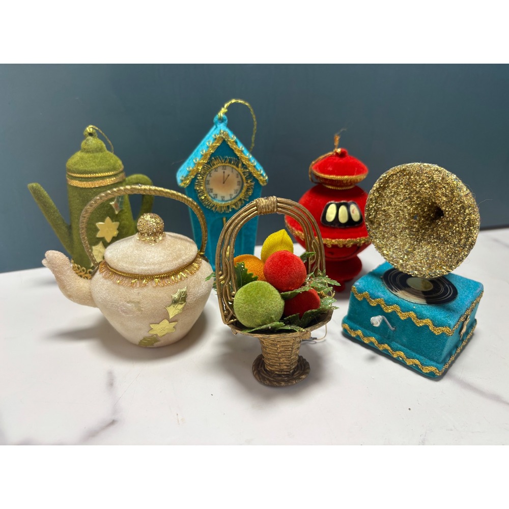 Vintage Flocked Christmas Ornaments Set 6 Teapot Clock Gramophone Fruit Basket